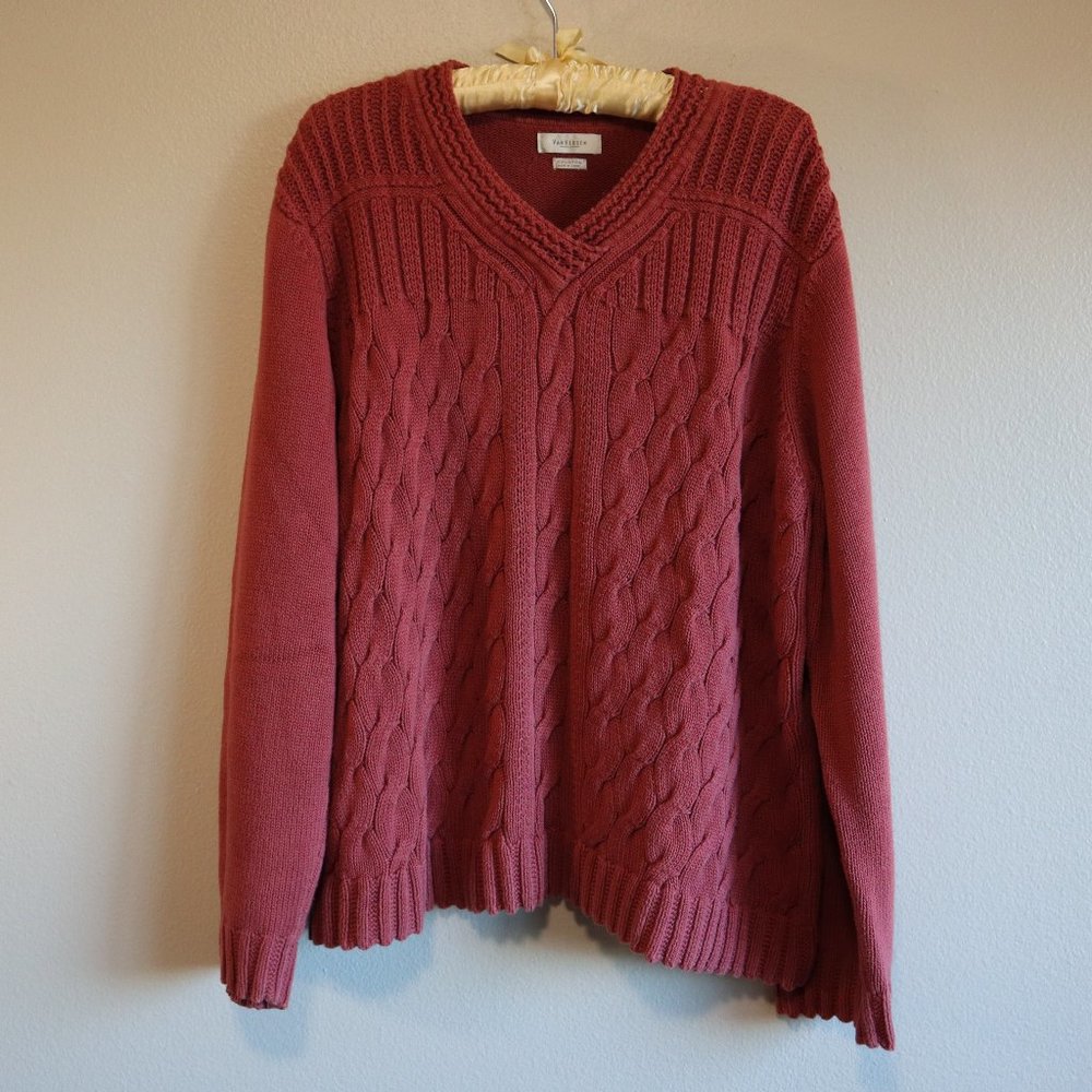 Van Huesen 100% Cotton Mauve Pink Chunky Cable Knit Sweater V-Neck Size XXLARGE